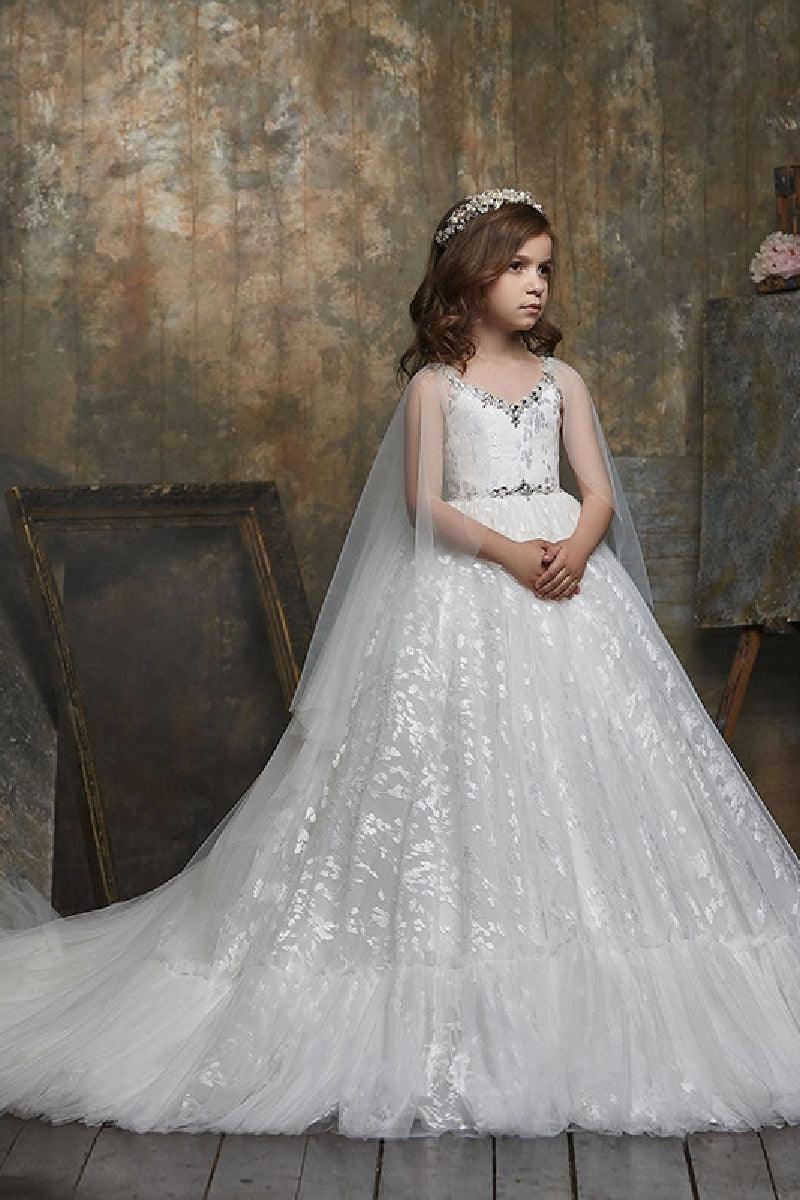 V-Neck Tulle Sweep-Brush Train Rhinestone Flower Girl Dresses 602360853583 - 7 Days / White / 2 - COCOMELODY